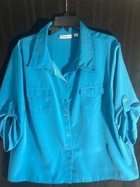 Susan Graver Women's Turquoise Blue Button-Down Roll-Tab Sleeve Blouse XL